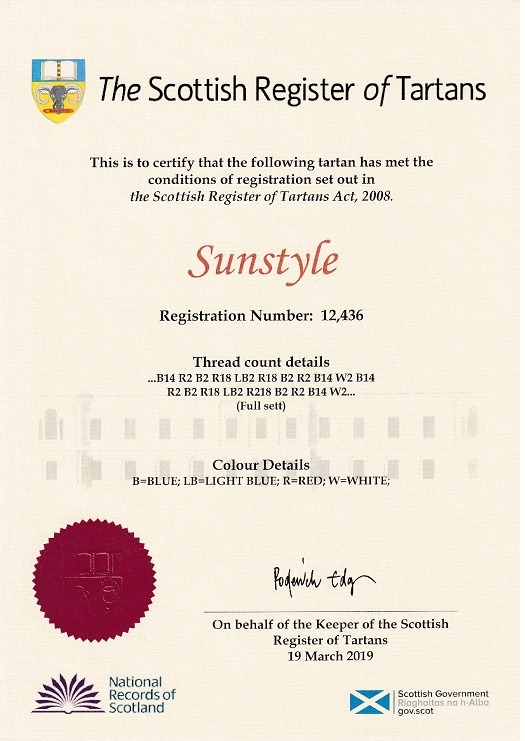 スコティッシュ・タータン登記所 認証証明書　Sunstyle（倉敷タータン）